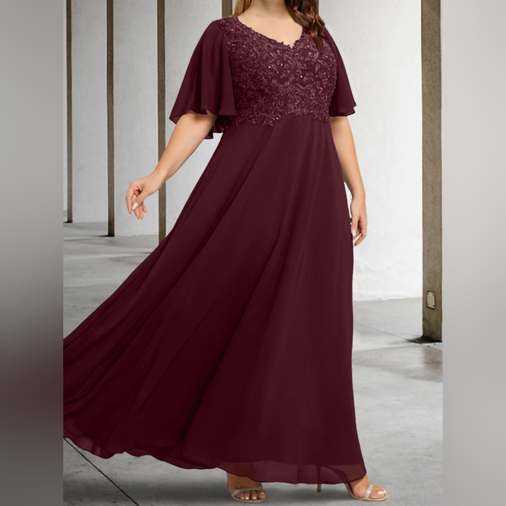 Lavetir A-LINE V-NECK HALF SLEEVES FLOOR-LENGTH DRESS WITH APPLIQUE Plus